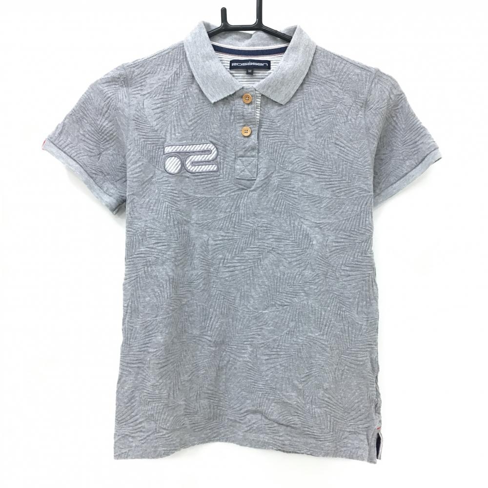 【超美品】ロサーセン 半袖ポロシャツ グレー×白 リーフ柄 凸凹生地 胸元ロゴ レディース M ゴルフウェア Rosasen