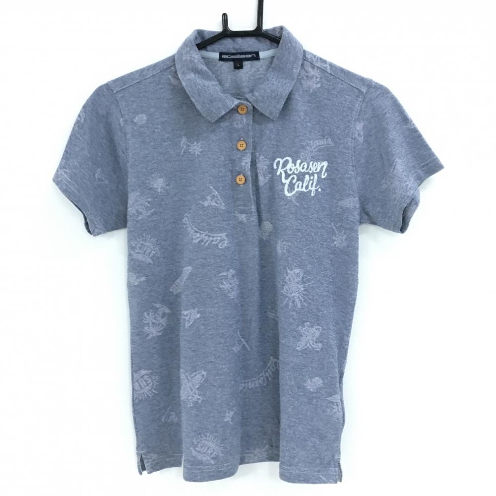 ロサーセン 半袖ポロシャツ ネイビーグレー系 総柄 胸ロゴ刺しゅう 毛羽立ち レディース L ゴルフウェア Rosasen