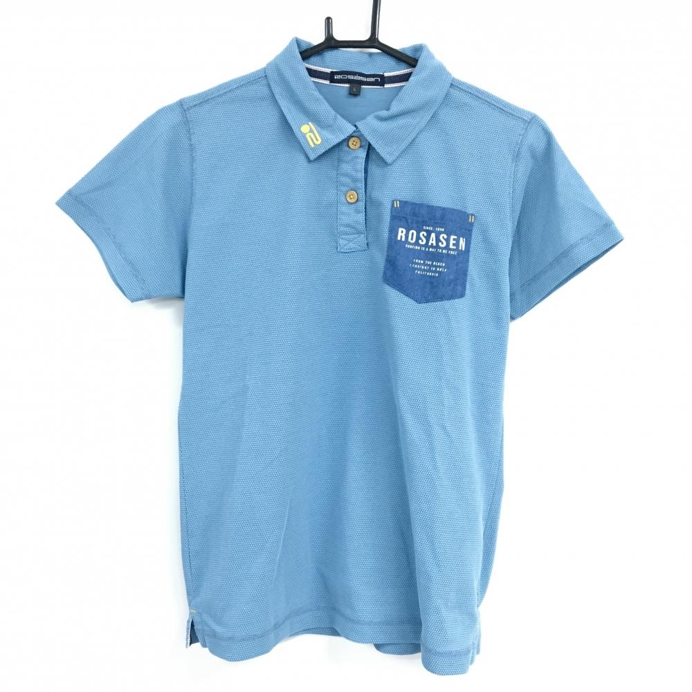 【超美品】ロサーセン 半袖ポロシャツ ライトブルー 織生地 胸ポケット レディース L ゴルフウェア Rosasen
