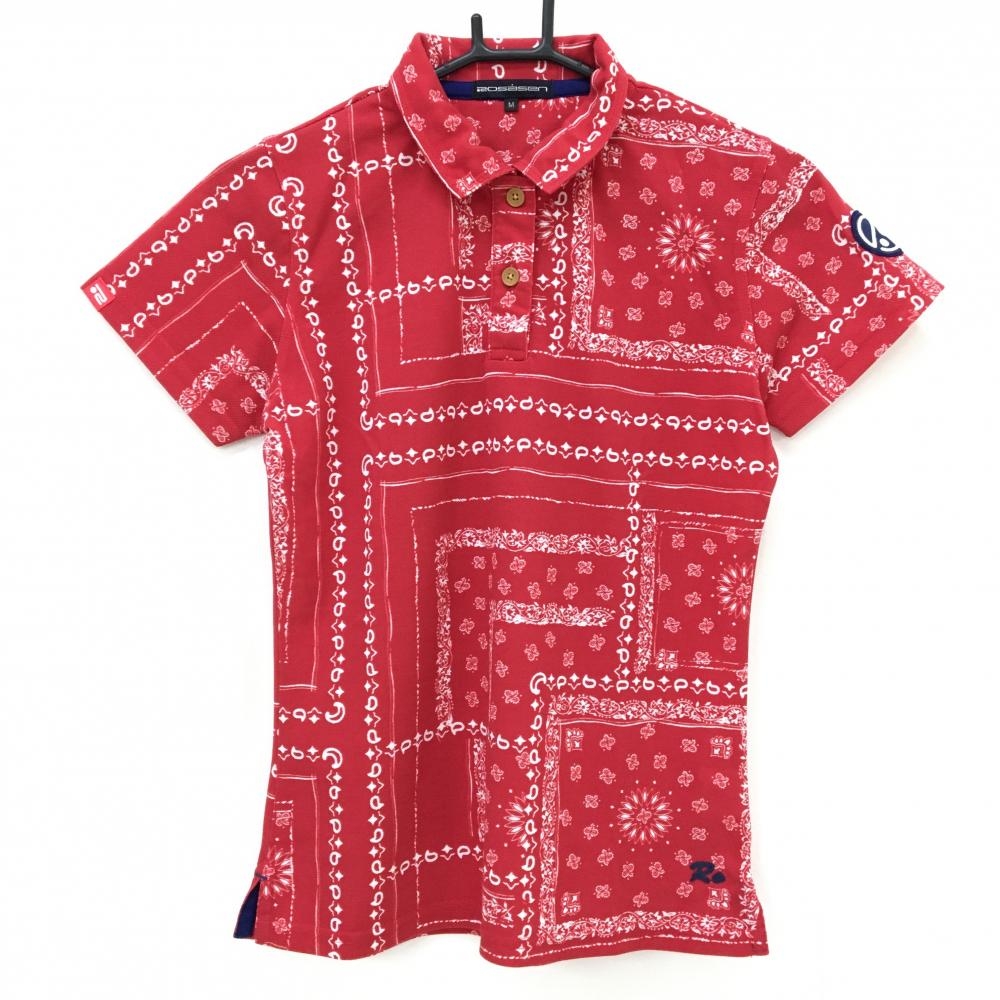 【超美品】ロサーセン 半袖ポロシャツ レッド×白 総柄 ワッペン レディース M ゴルフウェア Rosasen
