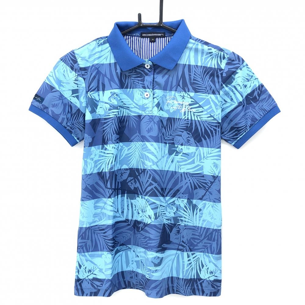 【美品】ロサーセン 半袖ポロシャツ ブルー リーフ総柄 レディース M ゴルフウェア Rosasen