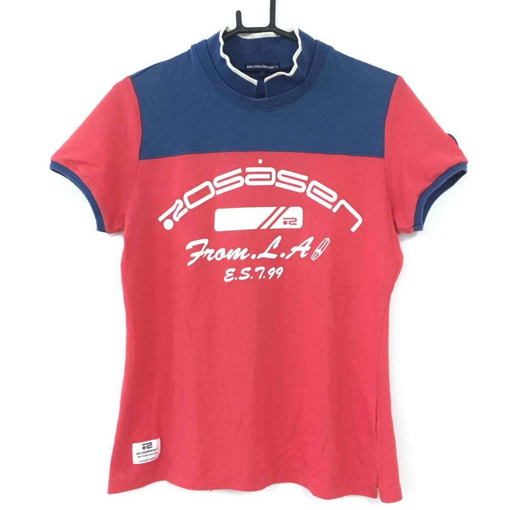 Rosasen ロサーセン 襟付きTシャツ レッド×ネイビー フロッキープリント レディース Ｌ ゴルフウェア
