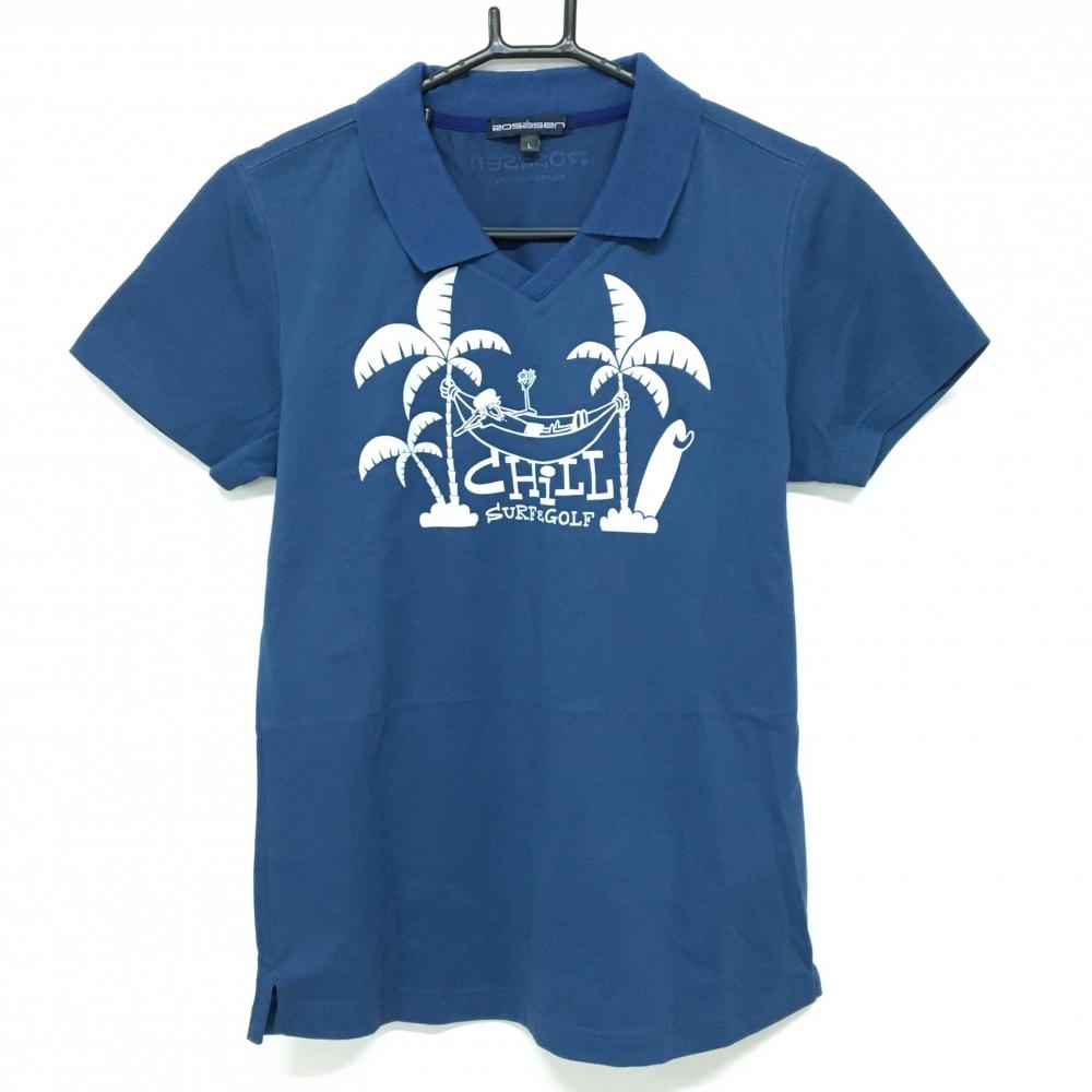 ロサーセン 襟付Tシャツ ネイビー Vネック 胸プリント レディース L ゴルフウェア Rosasen