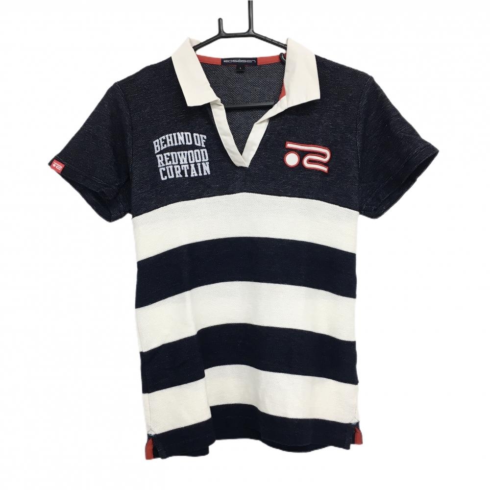 【美品】ロサーセン 半袖スキッパーシャツ ダークネイビー×アイボリー  レディース L ゴルフウェア Rosasen