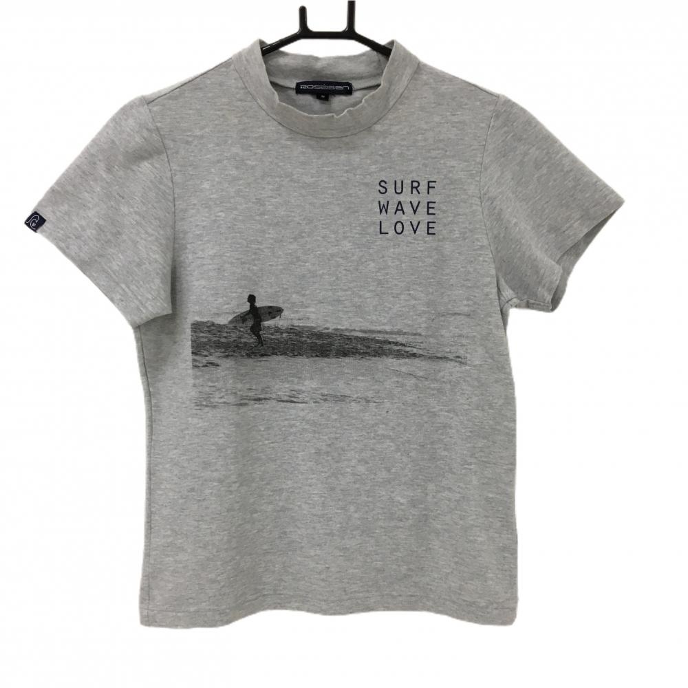 ロサーセン 半袖ハイネックシャツ 杢グレー×ネイビー サーファー柄 レディース M ゴルフウェア Rosasen