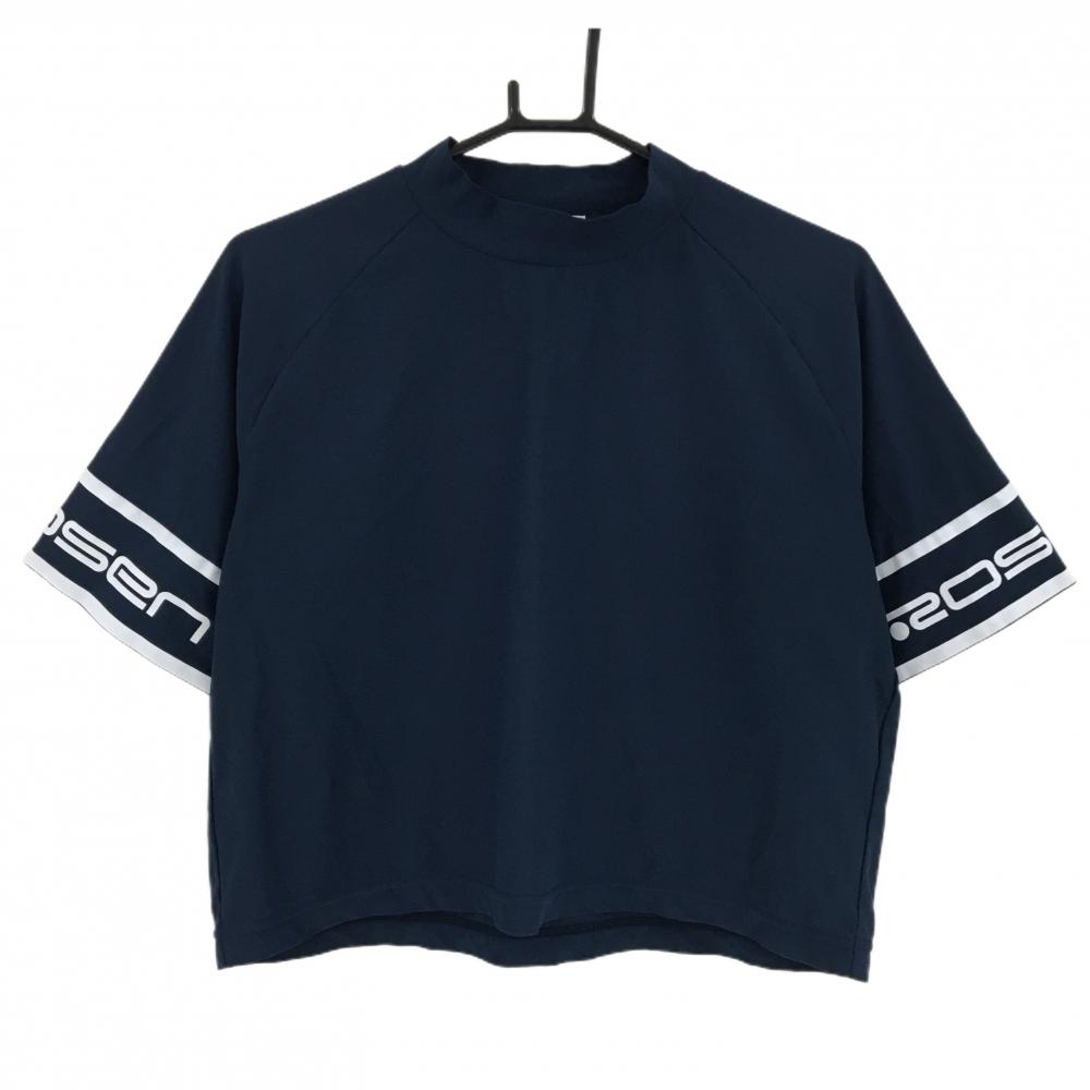 【超美品】ロサーセン 半袖ハイネックシャツ ネイビー×白 クロップド丈 ロゴプリント レディース M ゴルフウェア Rosasen