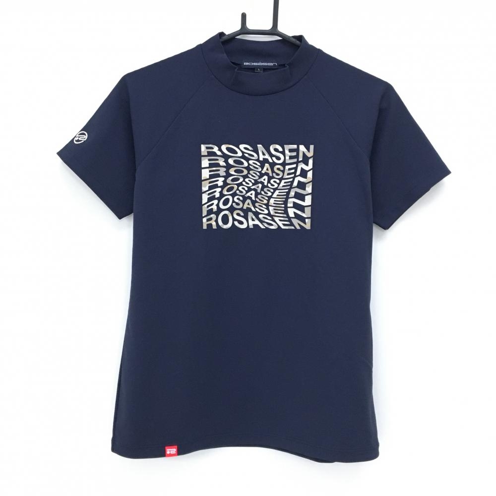 【超美品】ロサーセン 半袖ハイネックシャツ ネイビー×ベージュ 前面カモフラ柄ロゴ 袖ロゴ刺しゅう レディース L ゴルフウェア Rosasen