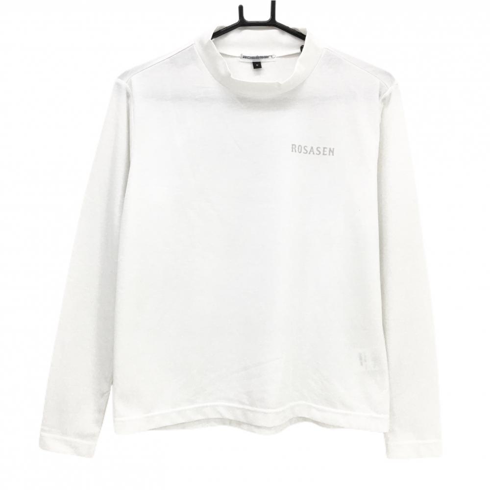【超美品】ロサーセン 長袖ハイネックシャツ 白×ライトグレー ロゴ レディース M ゴルフウェア Rosasen