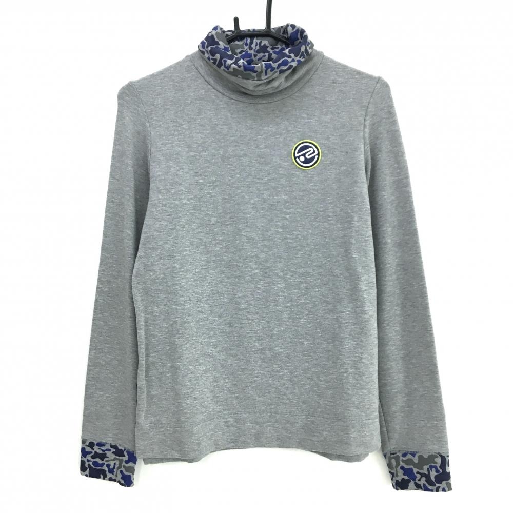 【超美品】ロサーセン 長袖ハイネックシャツ グレー×ネイビー ネック内側・袖口迷彩調カモフラ 裏起毛 レディース L ゴルフウェア Rosasen