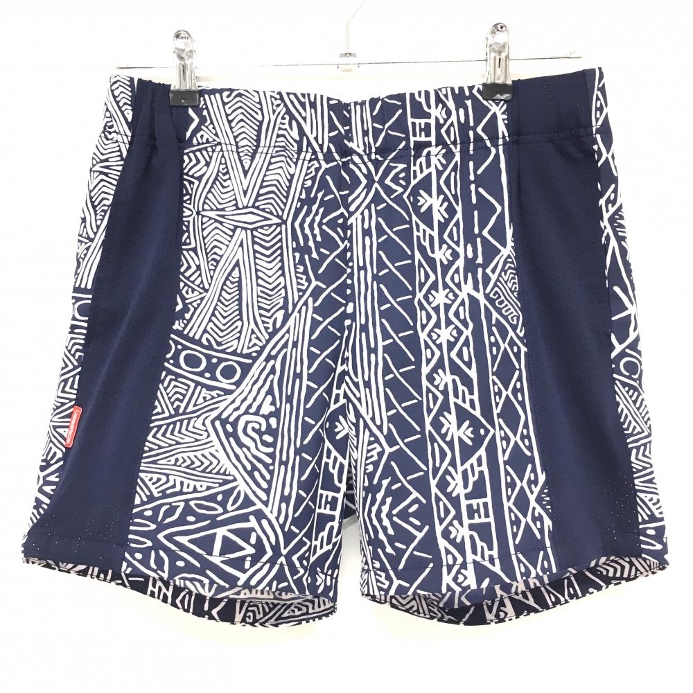 【超美品】ロサーセン ショートパンツ ネイビー×白 総柄 一部メッシュ ストレッチ 裏地付き  レディース L ゴルフウェア Rosasen