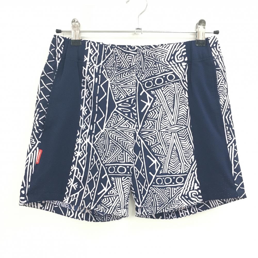 【超美品】ロサーセン ショートパンツ ネイビー×白 総柄 ウエストゴム 調節紐 サイドメッシュ切替  レディース M ゴルフウェア Rosasen