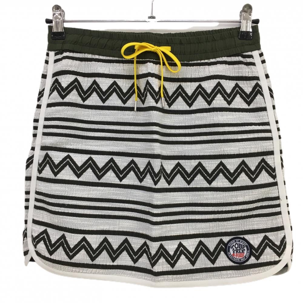 【美品】ロサーセン リバーシブルスカート 白×黒 ボーダー 異素材 ウエストゴム＆調節紐 レディース S ゴルフウェア Rosasen