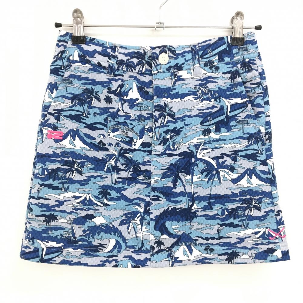 【超美品】ロサーセン スカート ライトグレー×ネイビー 総柄 ヤシの木 サーフィン ロゴ刺しゅう レディース S ゴルフウェア Rosasen