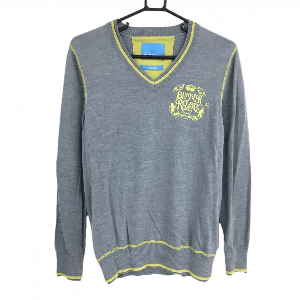 【美品】バンカーメンタリティー セーター グレー ウール100% 背面ビッグロゴ スカル ニット メンズ Small ゴルフウェア Bunker Mentality