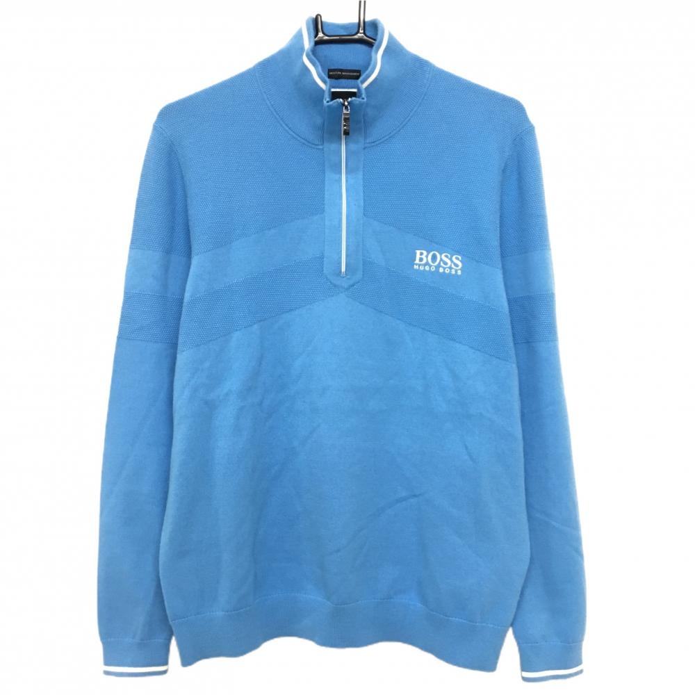 ヒューゴボス ハイネックセーター ライトブルー×白 ニット ハーフジップ  メンズ L ゴルフウェア HUGO BOSS