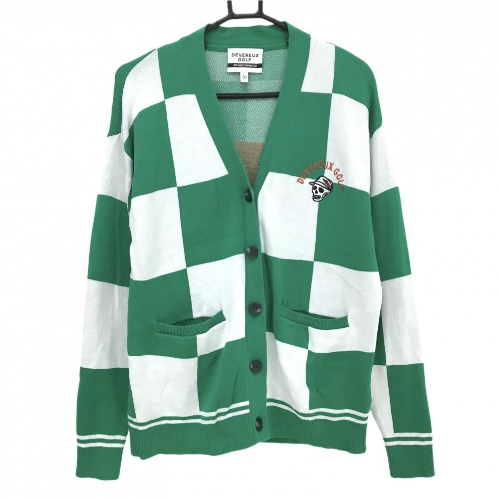 【美品】デヴァローゴルフ ニットカーディガン グリーン×黒 ブロックチェック スカル 腰糸引き メンズ S ゴルフウェア DEVEREUX GOLF