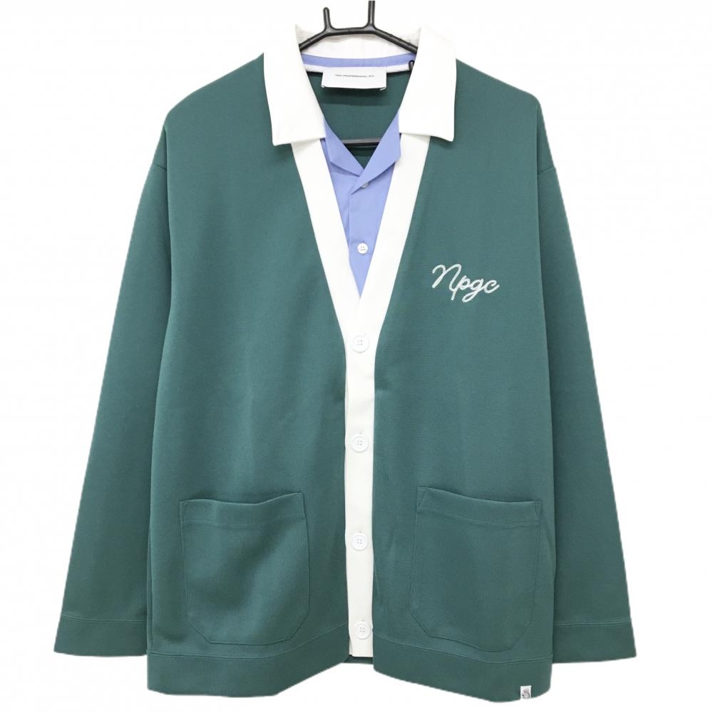 【超美品】ノンプロフェッショナルジーシー カーディガン グリーン×白 重ね着風 メンズ L ゴルフウェア NON PROFESSIONAL G.C.