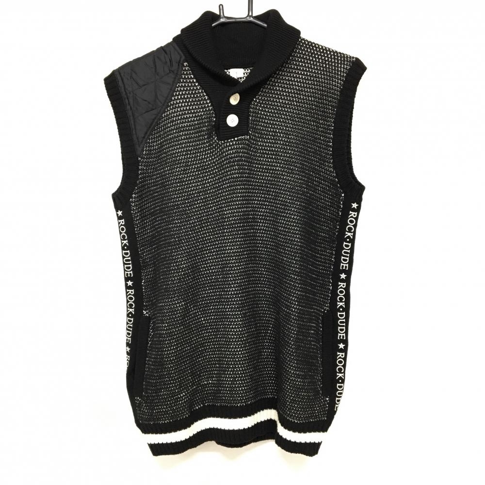 【超美品】ロックデュード ニットベスト 黒×白 総柄 ネックボタン メンズ 04(XL) ゴルフウェア ROCK DUDE