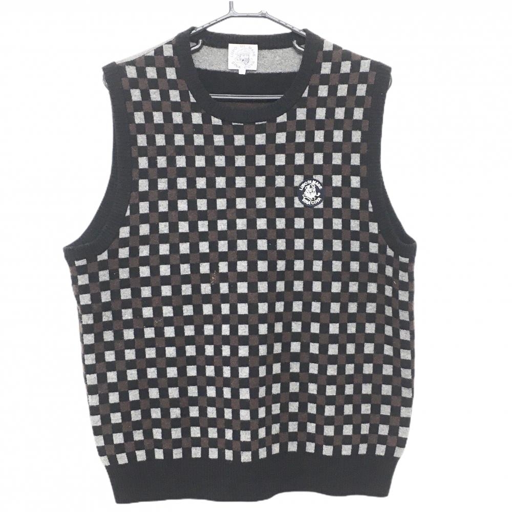 シナコバ ニットベスト 黒×ブラウン×グレー 前ボックスチェック 後ろボーダー カシミヤ100% メンズ L ゴルフウェア SINA COVA