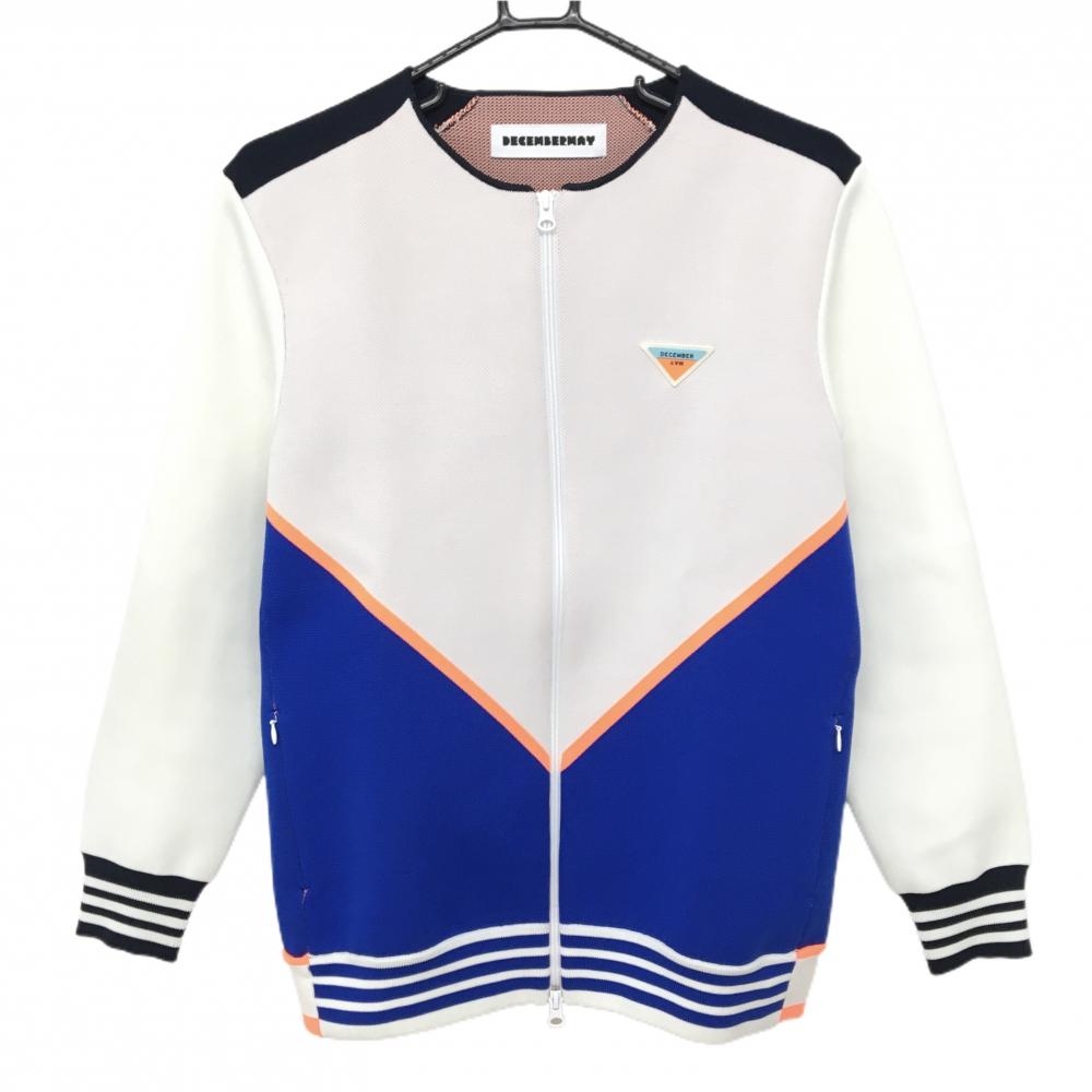 【超美品】ディセンバーメイ ニットジャケット 白×ブルー 背面ロゴ メンズ M ゴルフウェア DECEMBERMAY