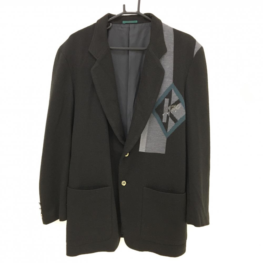 【美品】ケンゾーゴルフ ニットテーラードジャケット 黒×グレー 胸元ロゴ 裏地付き ウール混 メンズ 3 ゴルフウェア KENZO GOLF