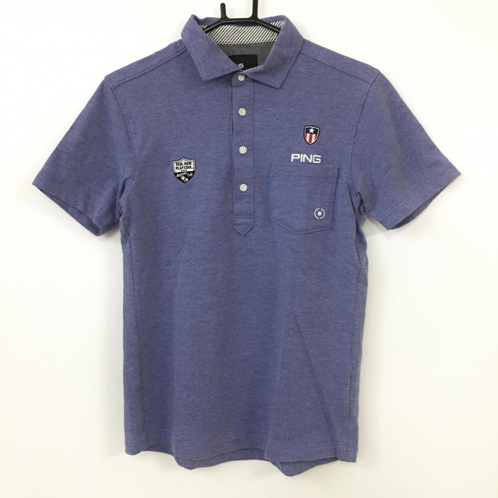 PING ピン 半袖ポロシャツ 杢ライトブルー×白 2020年 胸ポケット ロゴ刺しゅう メンズ S ゴルフウェア