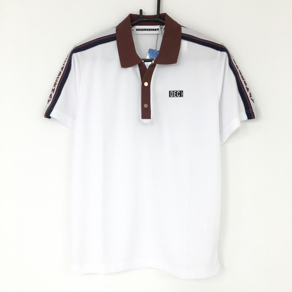 【新品】ディセンバーメイ 半袖ポロシャツ 白×ブラウン 襟・前立て透かし編み 袖ライン メンズ L ゴルフウェア 2022年モデル DECEMBERMAY