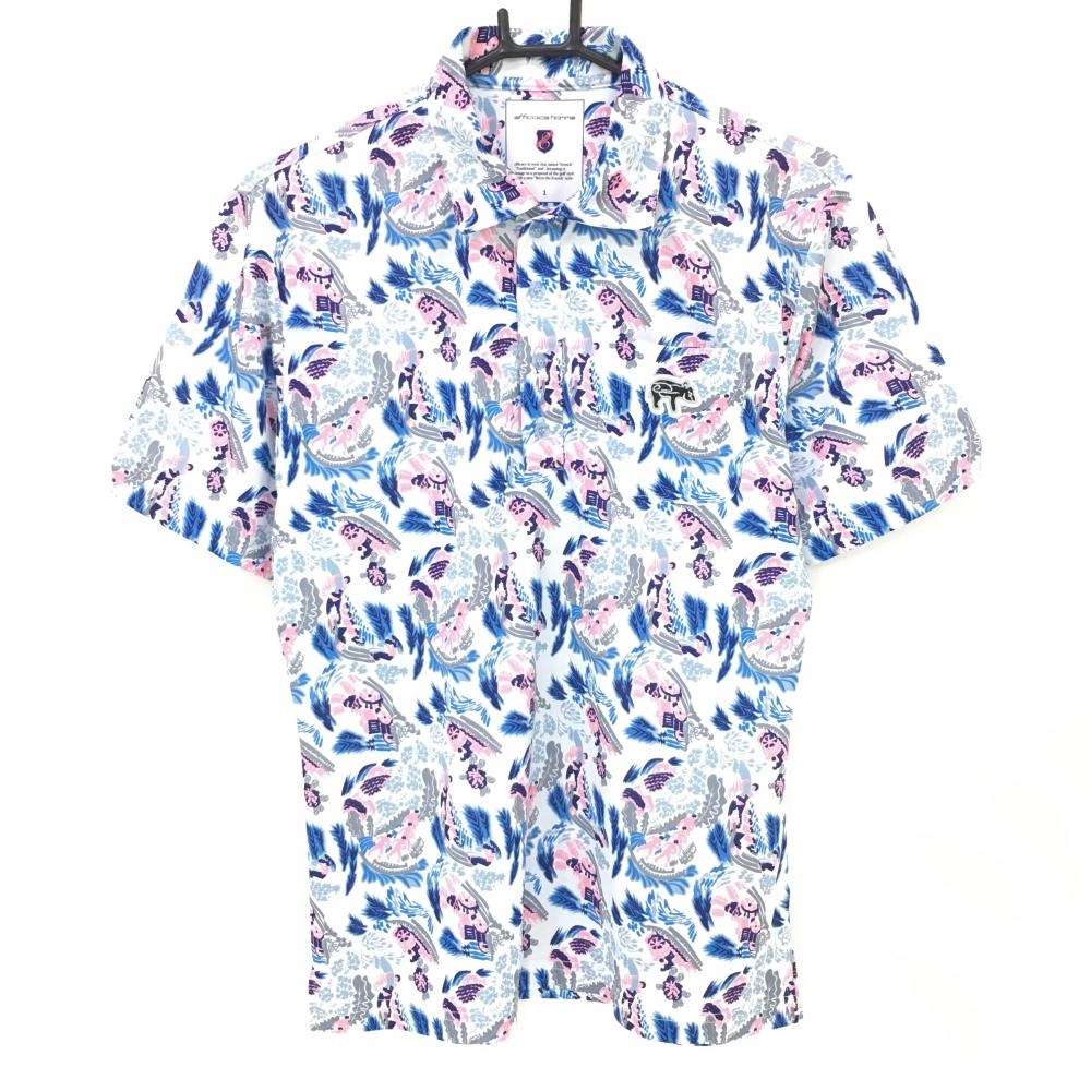 【超美品】エフィカス 半袖ポロシャツ 白×ピンク×ブルー 総柄 胸ポケット メンズ 1 ゴルフウェア efficace