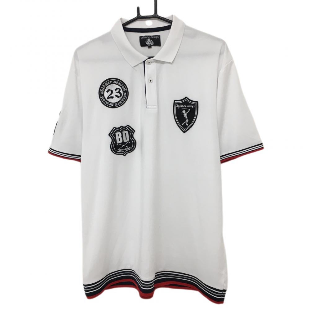 【美品】バランスデザイン 半袖ポロシャツ 白×黒 複数ワッペン メンズ 3L ゴルフウェア 大きいサイズ balancedesign