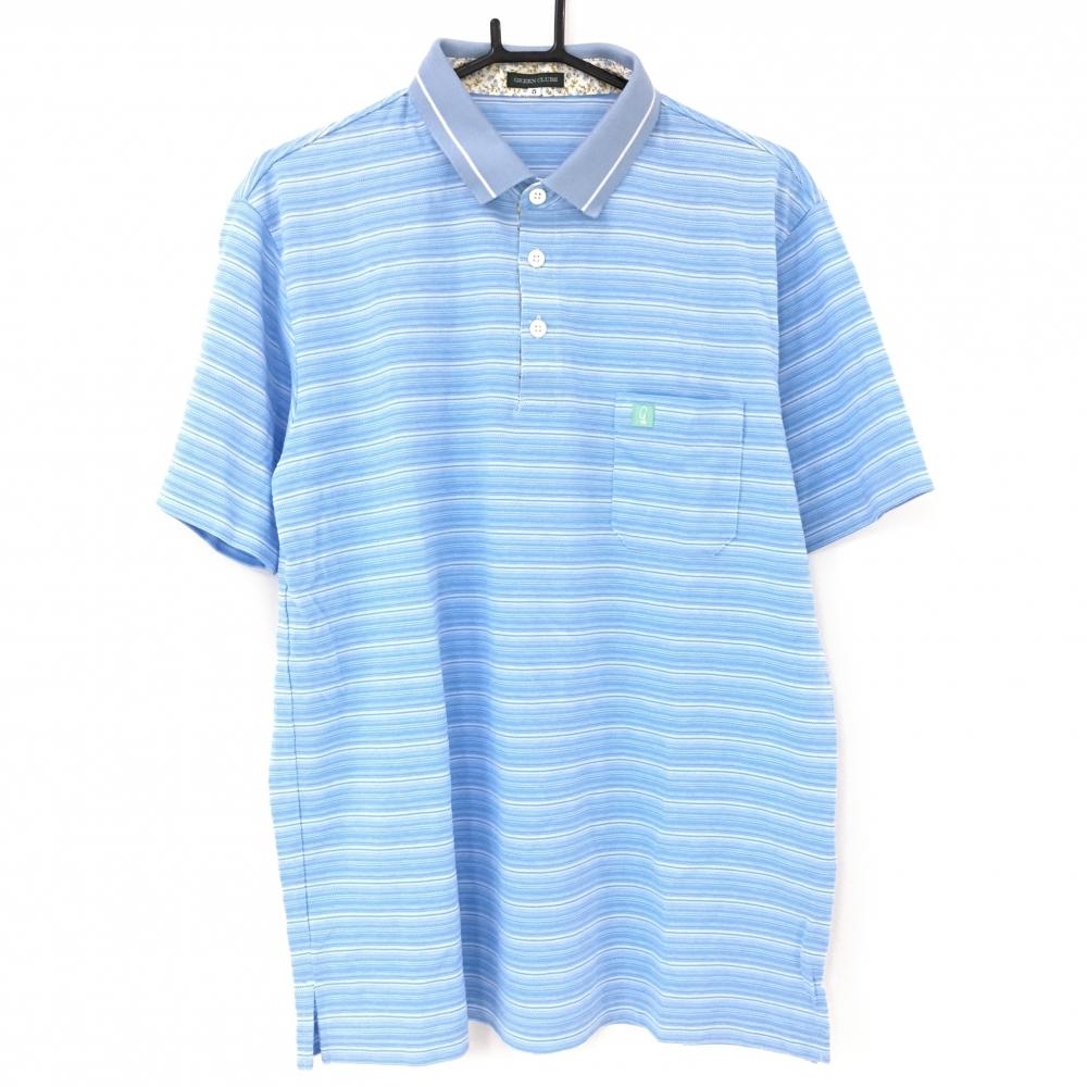 【超美品】グリーンクラブ 半袖ポロシャツ ライトブルー×白 ボーダー調 胸ポケット メンズ 5 ゴルフウェア GREEN CLUBS