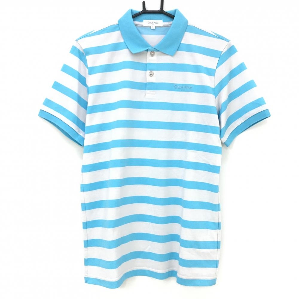 【新品】カルバンクラインゴルフ 半袖ポロシャツ ライトブルー×白 ボーダー コットン混 メンズ L ゴルフウェア Calvin Klein