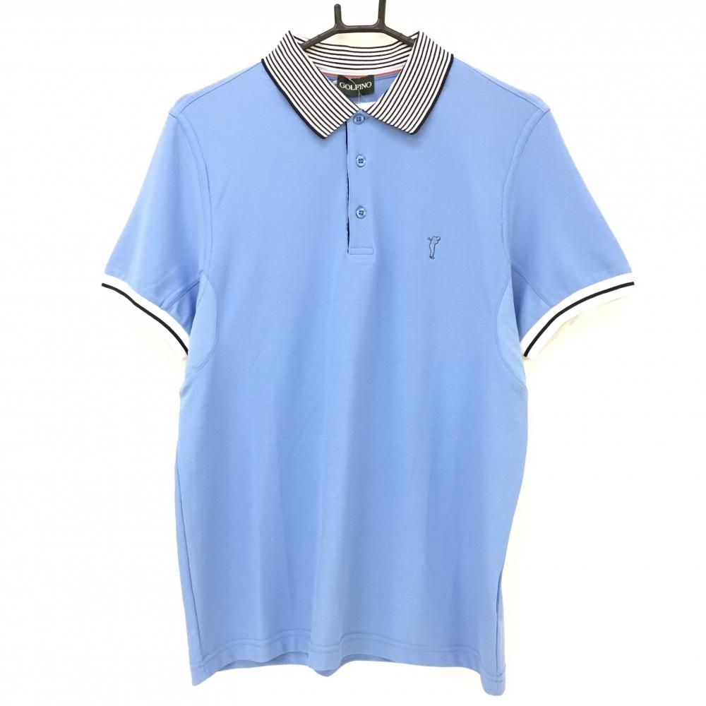 【新品】ゴルフィーノ 半袖ポロシャツ ライトブルー×白 襟ボーダー ストレッチ ナイロン100％ メンズ 46 ゴルフウェア GOLFINO
