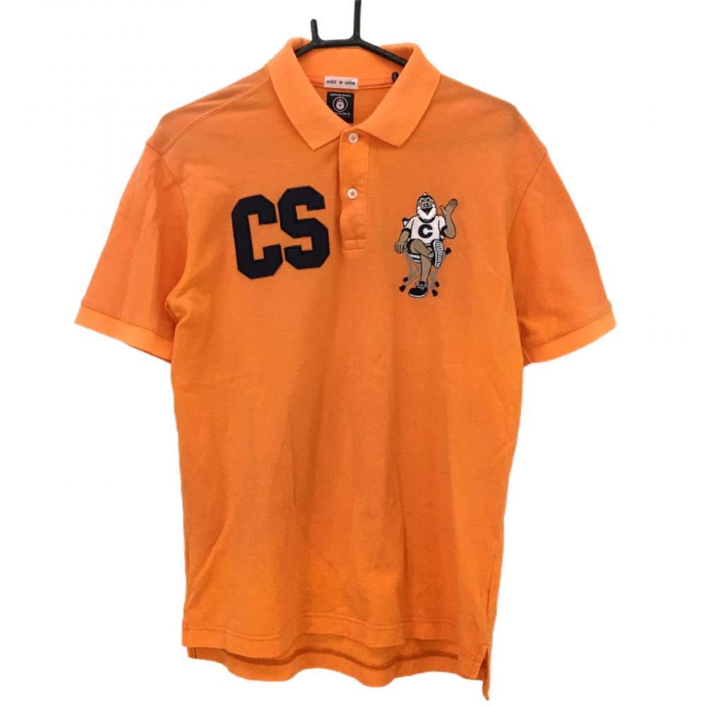 【美品】キャプテンサンタ 半袖ポロシャツ オレンジ×ネイビー 日本製 綿100％ メンズ L ゴルフウェア CAPTAIN SANTA