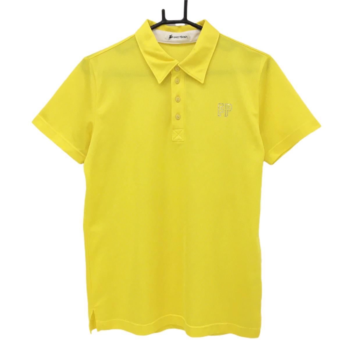 【超美品】フェアリーパウダー 半袖ポロシャツ イエロー メッシュ調 ラインストーンロゴ メンズ M ゴルフウェア 