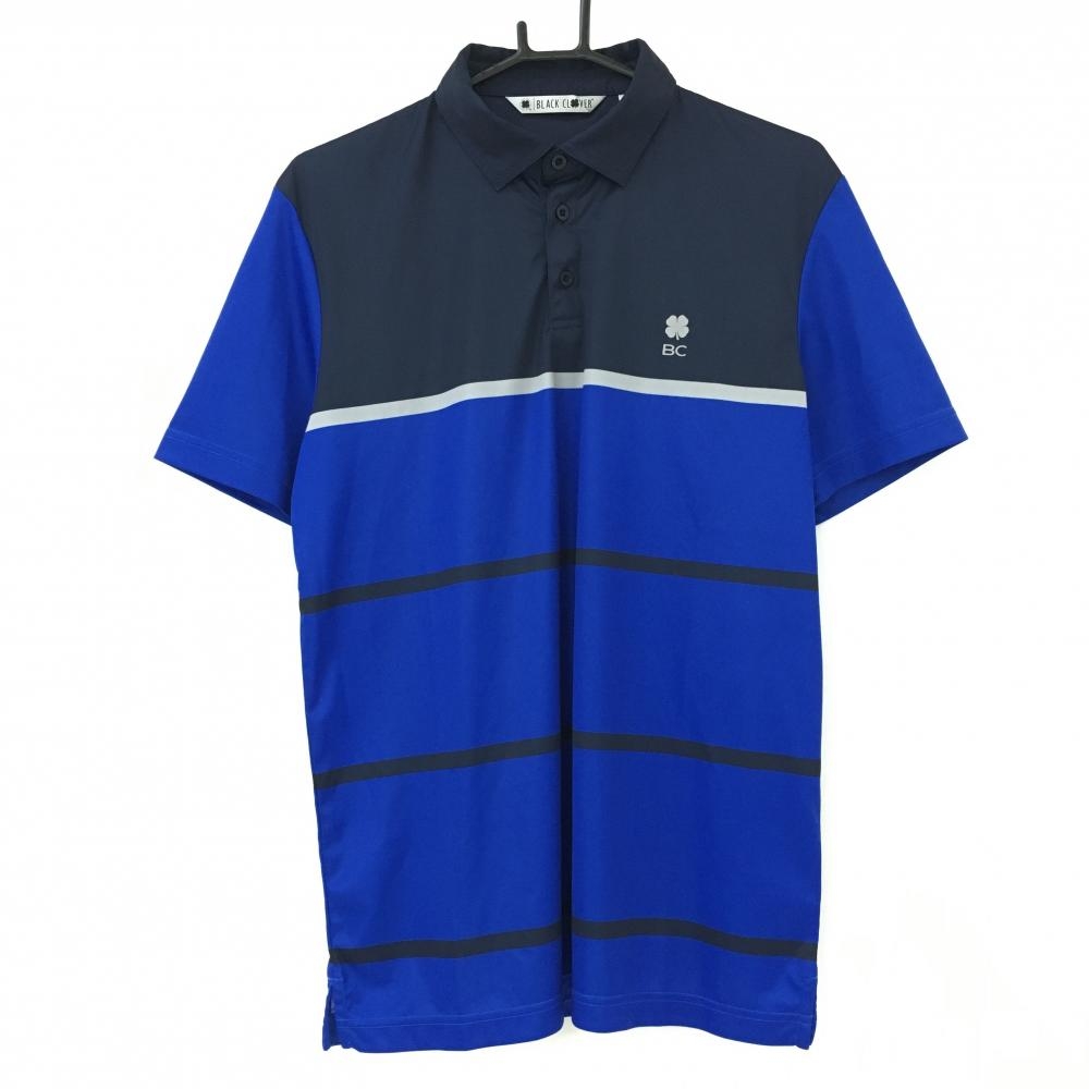 【超美品】ブラッククローバー 半袖ポロシャツ ネイビー×ブルー 見頃ライン ロゴプリント メンズ XL ゴルフウェア BLACK CLOVER