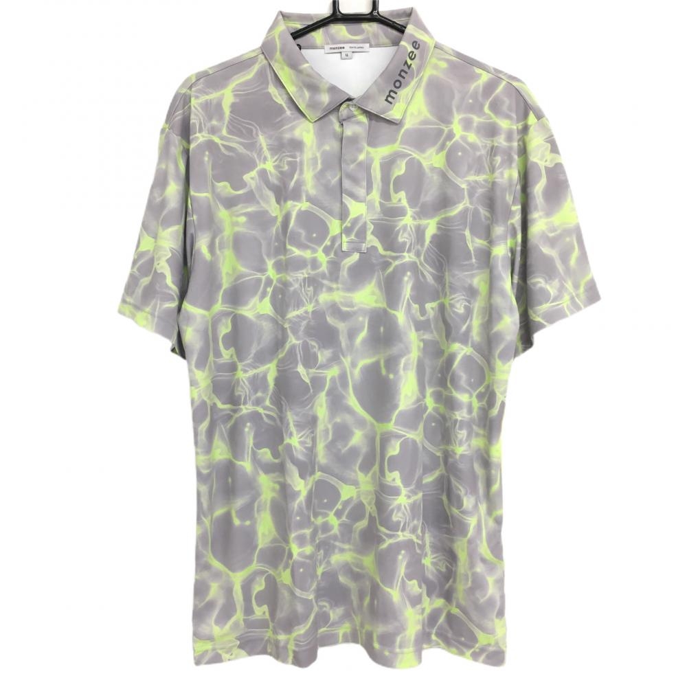 【新品】モンジー 半袖ポロシャツ グレー×イエローグリーン 襟ロゴ 総柄 メンズ LL ゴルフウェア モンジー