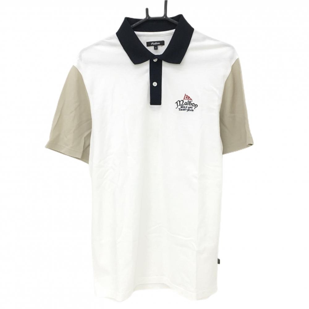 【美品】マルボンゴルフ 半袖ポロシャツ 白×ネイビー ロゴ刺しゅう メンズ S ゴルフウェア MALBON GOLF