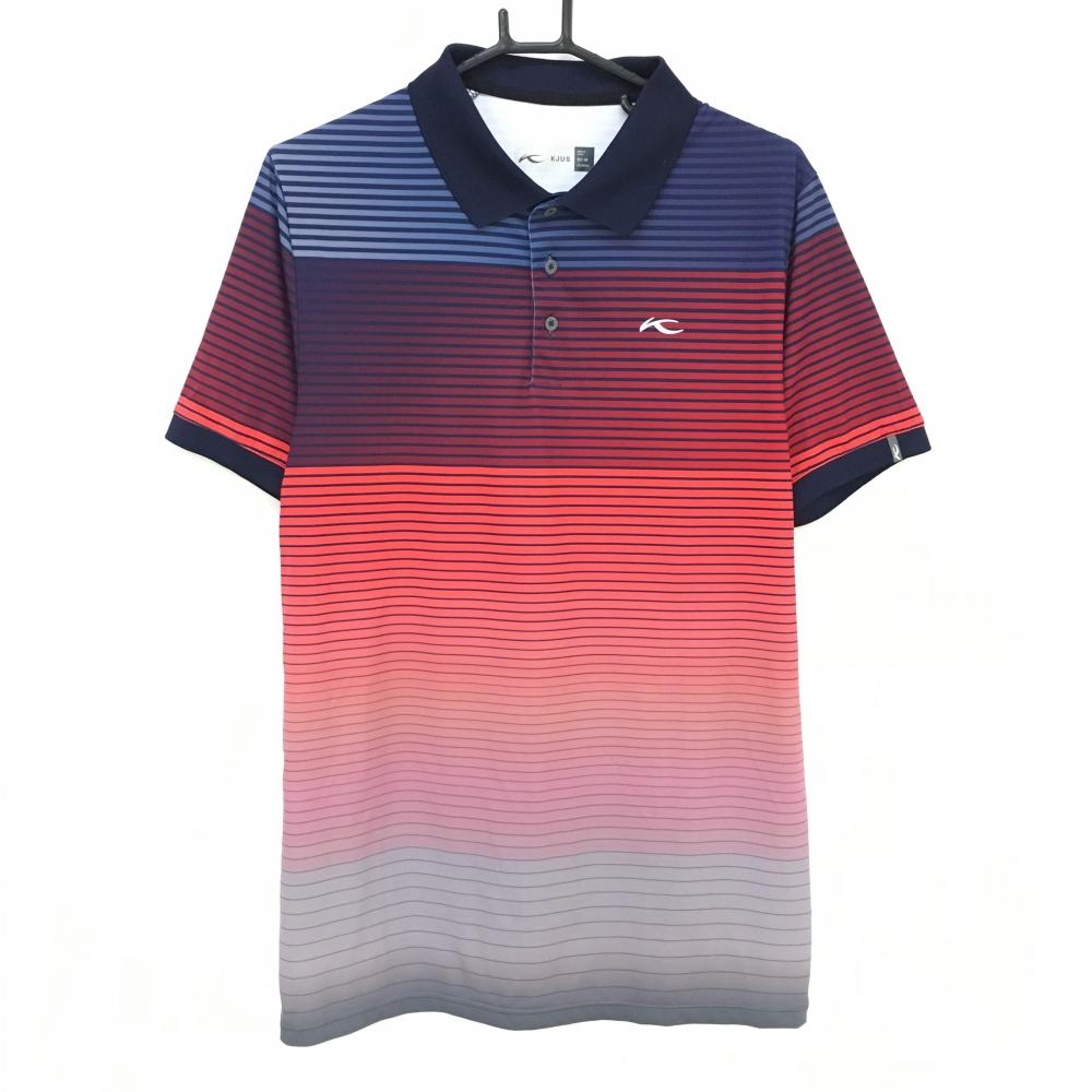 【美品】チュース 半袖ポロシャツ レッド×ネイビー ボーダー グラデーションプリント  メンズ 50/M ゴルフウェア KJUS