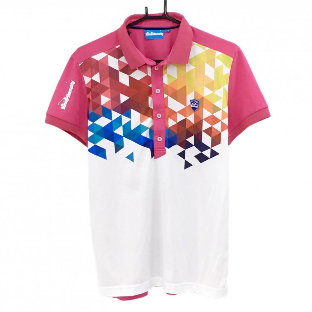 【美品】バンカーメンタリティ 半袖ポロシャツ 白×ピンク  メンズ M ゴルフウェア Bunker Mentality