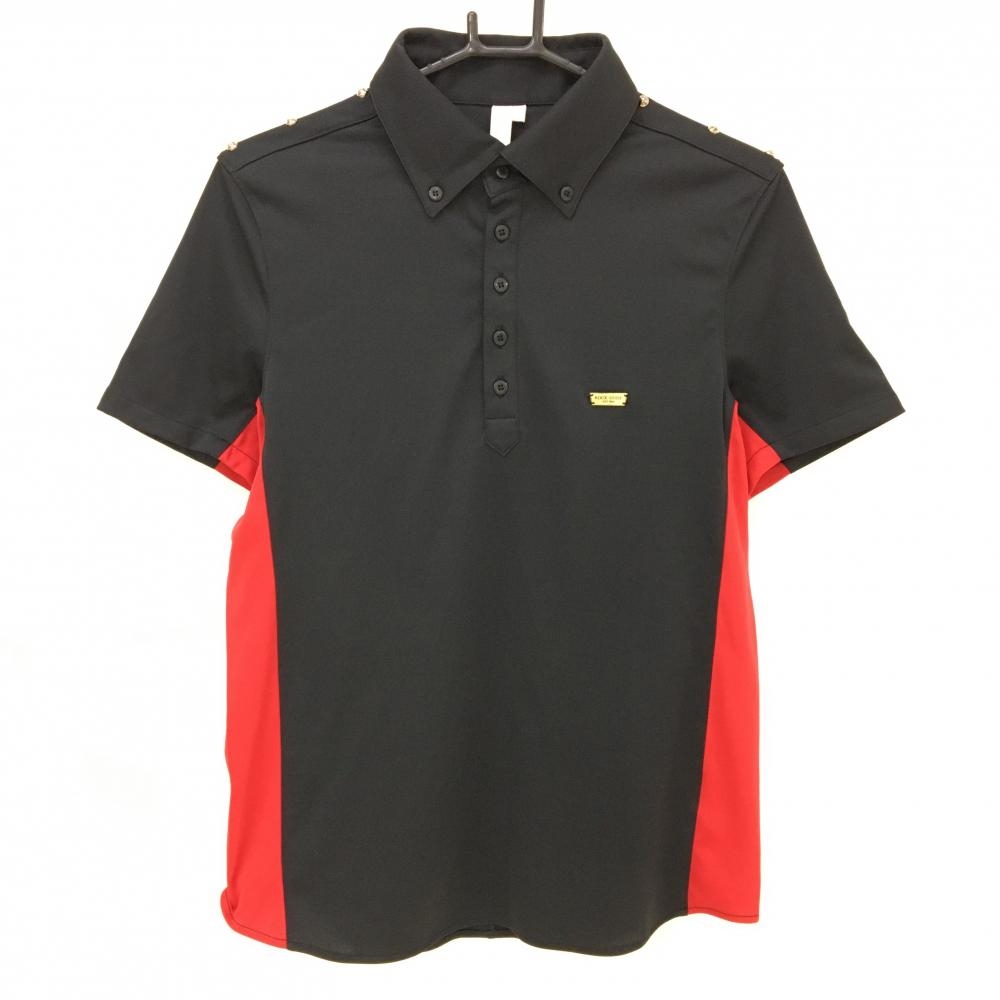 【超美品】ロックデュード 半袖ポロシャツ 黒×レッド 後ろ一部スタッズ ボタンダウン メンズ 02 ゴルフウェア ROCK DUDE