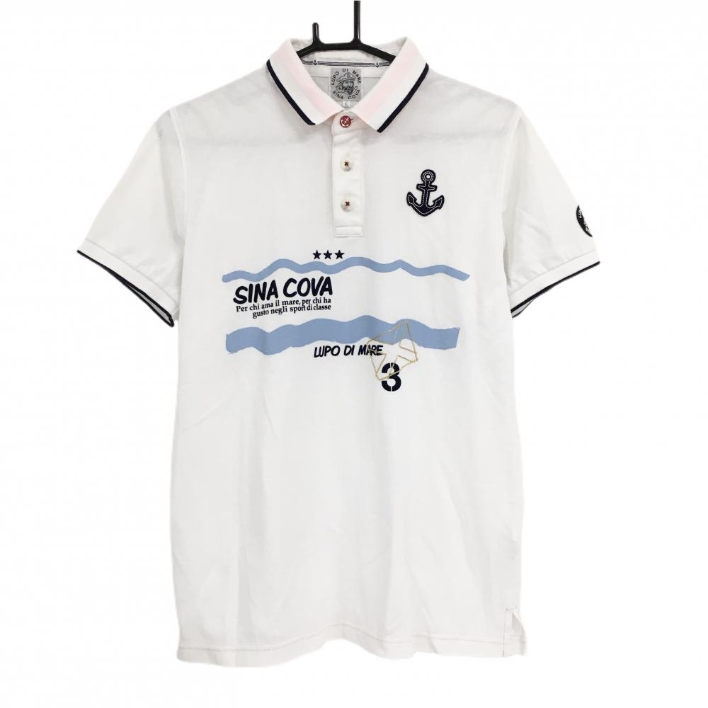 【美品】シナコバ 半袖ポロシャツ 白×ネイビー×ライトブルー フロントロゴ  メンズ L ゴルフウェア SINA COVA