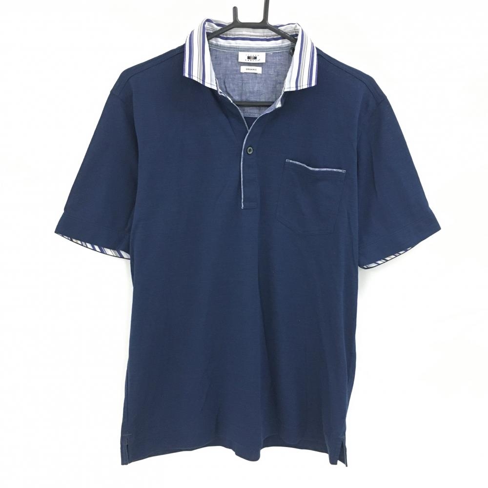 【美品】ジョセフアブード 半袖ポロシャツ ネイビー 襟ボーダー 胸ポケット メンズ LL ゴルフウェア JOSEPH ABBOUD