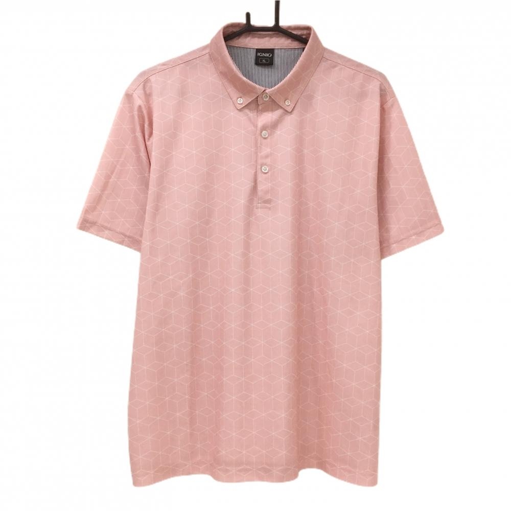 【超美品】イグニオ 半袖ポロシャツ ピンク×白 総柄 ボタンダウン iCOOL メンズ XL ゴルフウェア IGNIO