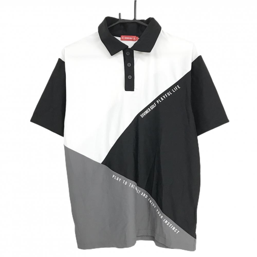 【美品】ディバイナーゴルフ 半袖ポロシャツ 白×黒×グレー 切替 ロゴ メンズ L ゴルフウェア DIVINER GOLF