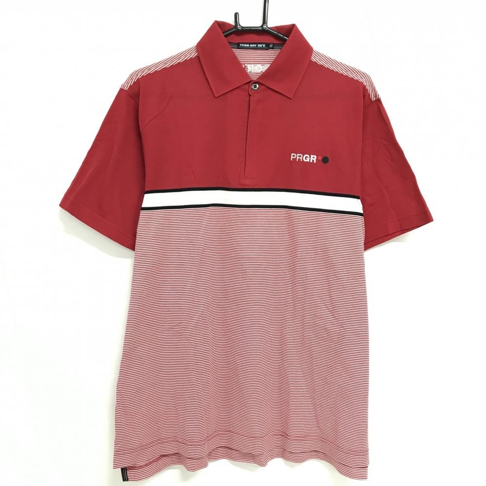 【美品】プロギア 半袖ポロシャツ レッド×白 一部ボーダー ハーフジップ メンズ XL ゴルフウェア PRGR