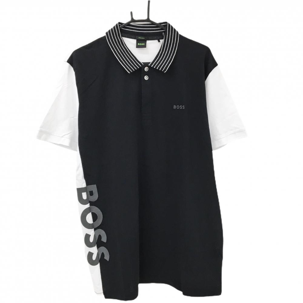 【超美品】ボス 半袖ポロシャツ 白×黒 襟ボーダー サイドロゴ メンズ XXL ゴルフウェア BOSS