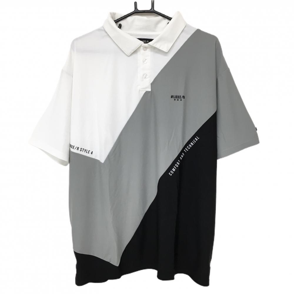 【超美品】ラグジュ 半袖ポロシャツ 白×グレー×黒 切替 ストレッチ  メンズ 2L ゴルフウェア LUXE/R 