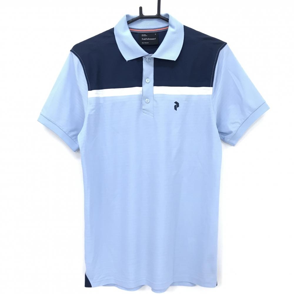 ピークパフォーマンス 半袖ポロシャツ ライトブルー×ネイビー ボーダー地模様 襟一部メッシュ  メンズ S ゴルフウェア Peak Performance