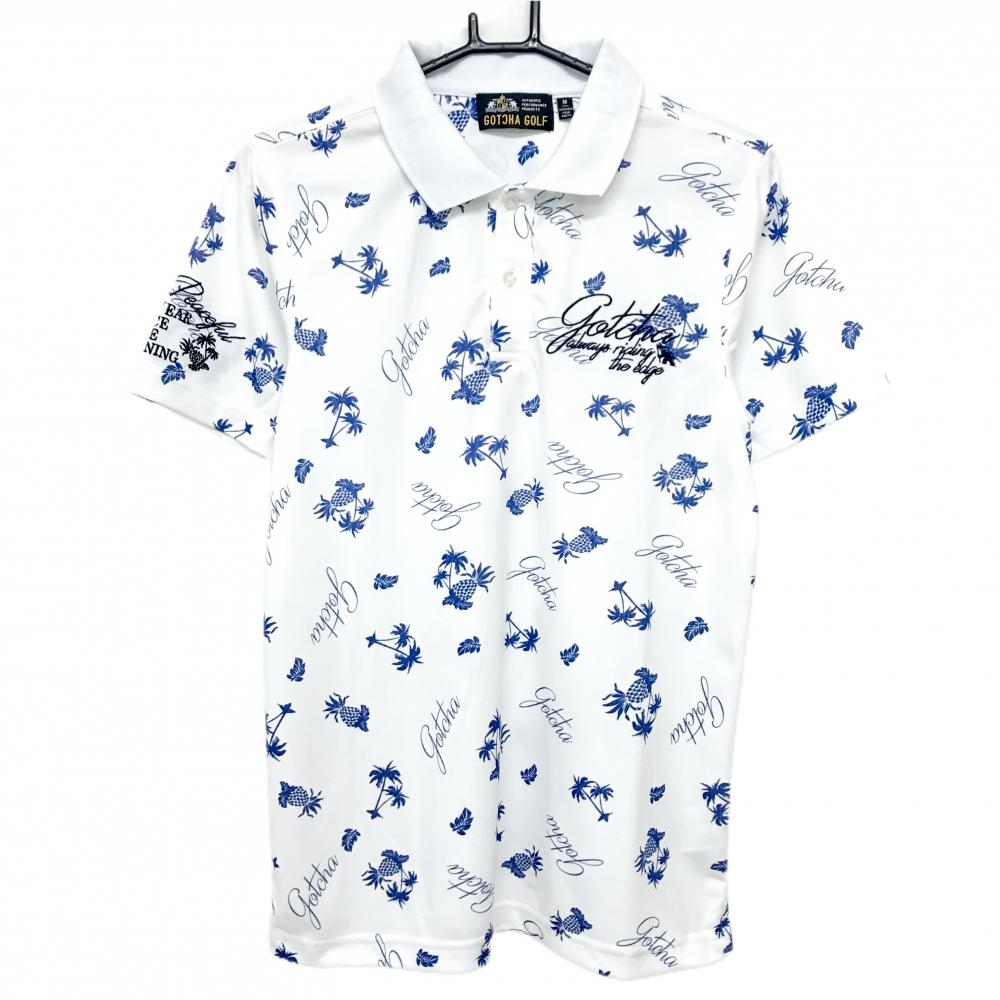 【超美品】ガッチャゴルフ 半袖ポロシャツ 白×ネイビー 総柄 ロゴ メンズ M ゴルフウェア GOTCHA GOLF