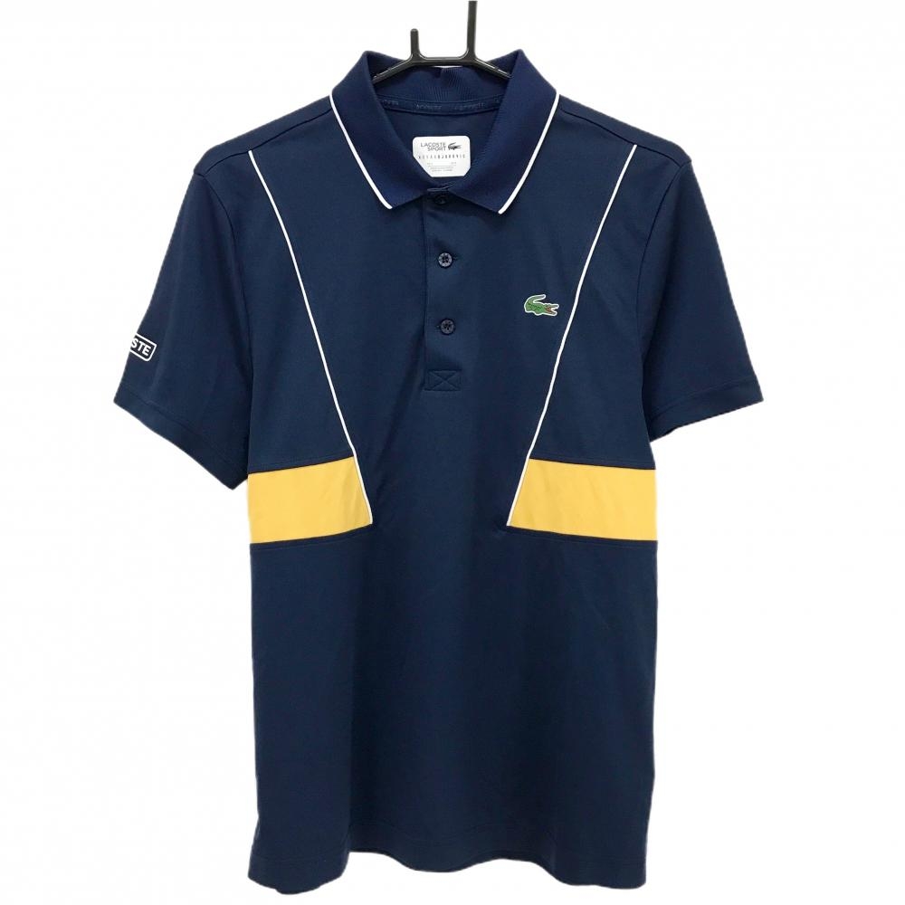 【超美品】ラコステスポーツ 半袖ポロシャツ ネイビー×イエロー×白 胸ロゴ メンズ US-M ゴルフウェア LACOSTE SPORT